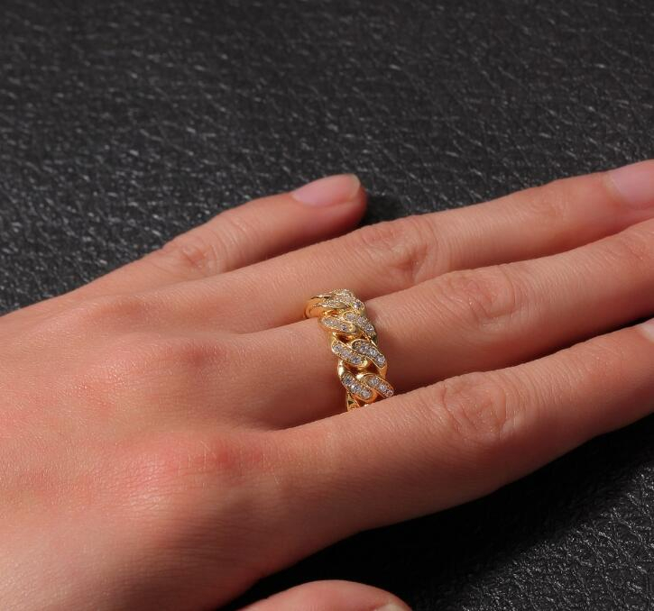 Men's Ring Hip Hop Punk Ring Cuban Link Chain 8mm Zircon-plated Real Gold Trend Men's Ring New LY098