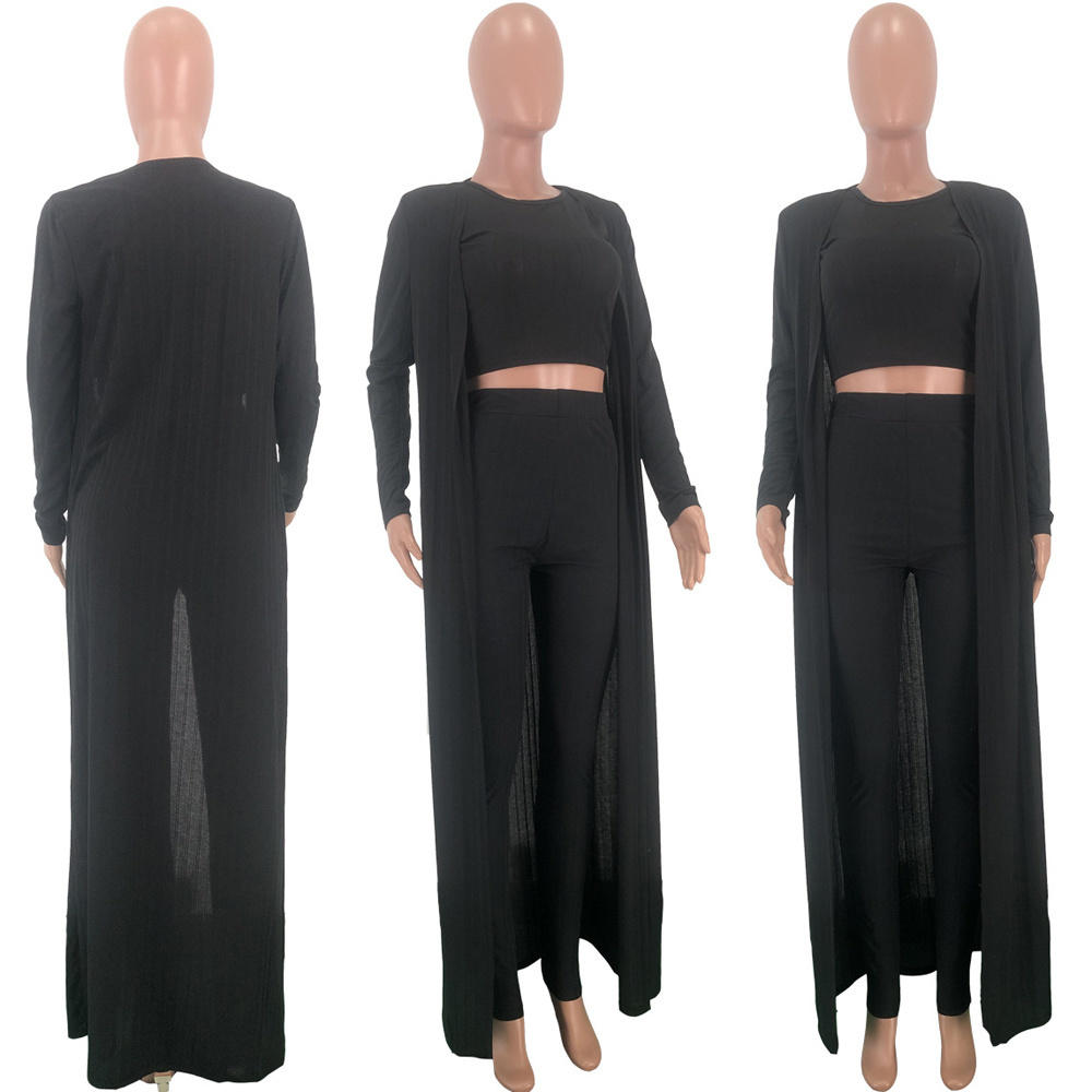 Autumn Winter 3 Piece Matching Set Women Tank Crop Top+Pencil Pant+Maxi Open Stitch Sweatsuits Casual Ribbed Three Piece Outfits T200917