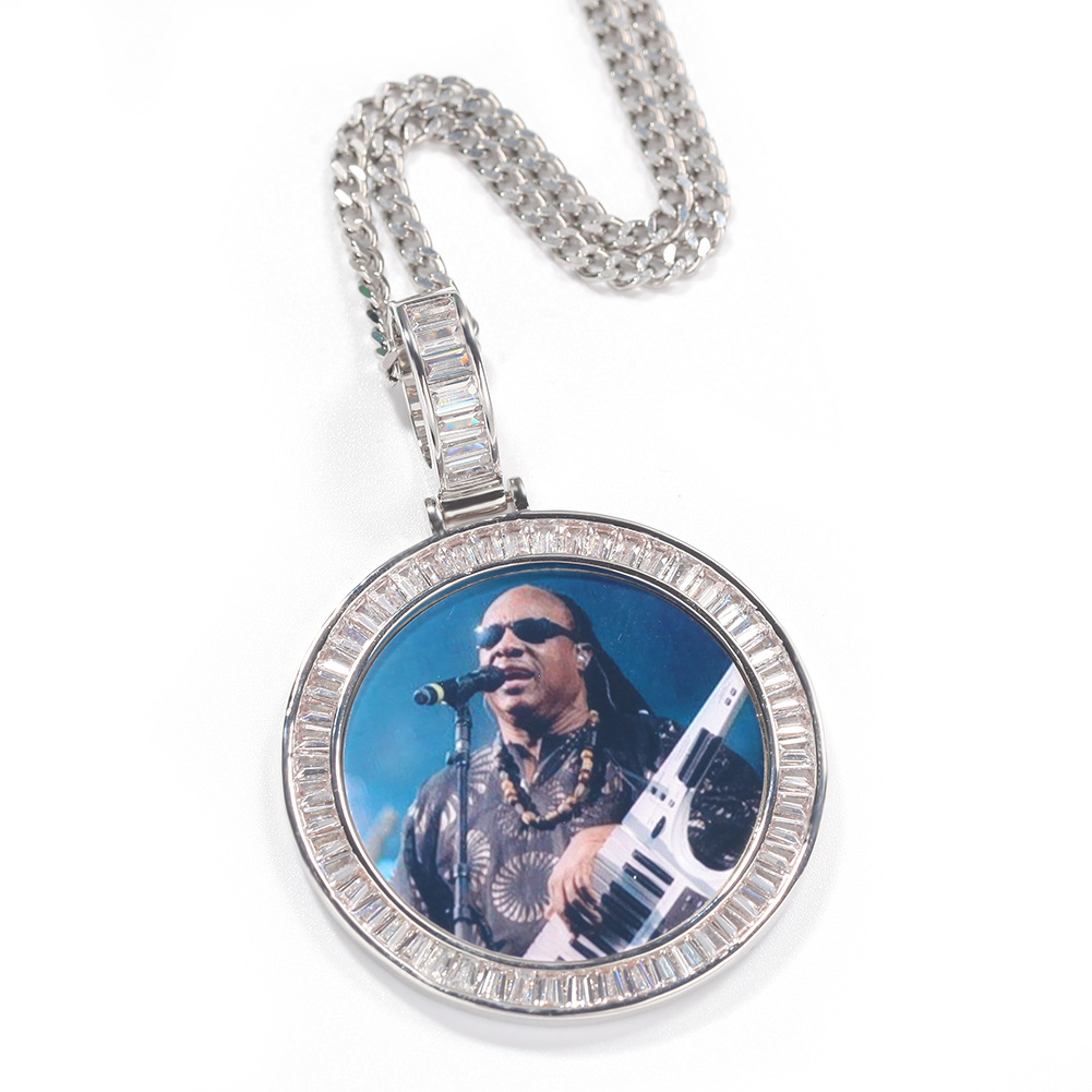 Family Memorial DIY Jewelry Gifts Hip Hop Round Pendant Custom Photo Necklace Baguette Diamond 18K Gold Cubic Zirconia Iced Out for Men Guys