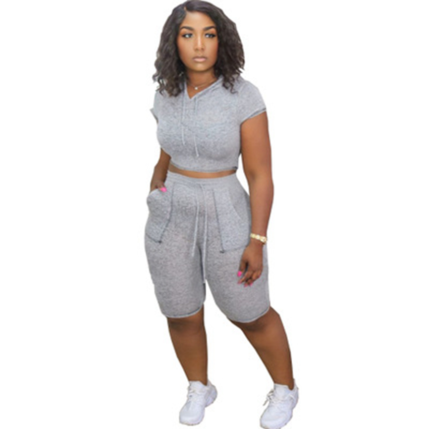 Trend Spot Tracksuits European and American Fashion Pure Color Hooded Casual Comfortable Short Sleeve Pocket Set