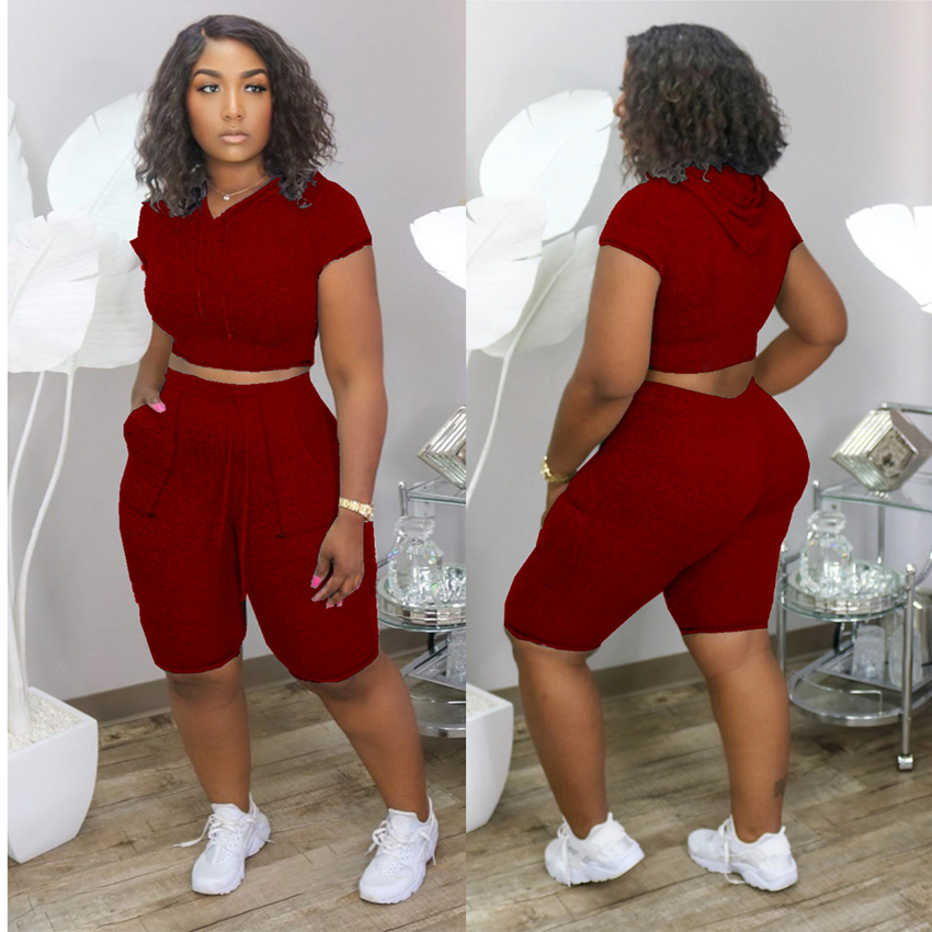 Trend Spot Tracksuits European and American Fashion Pure Color Hooded Casual Comfortable Short Sleeve Pocket Set