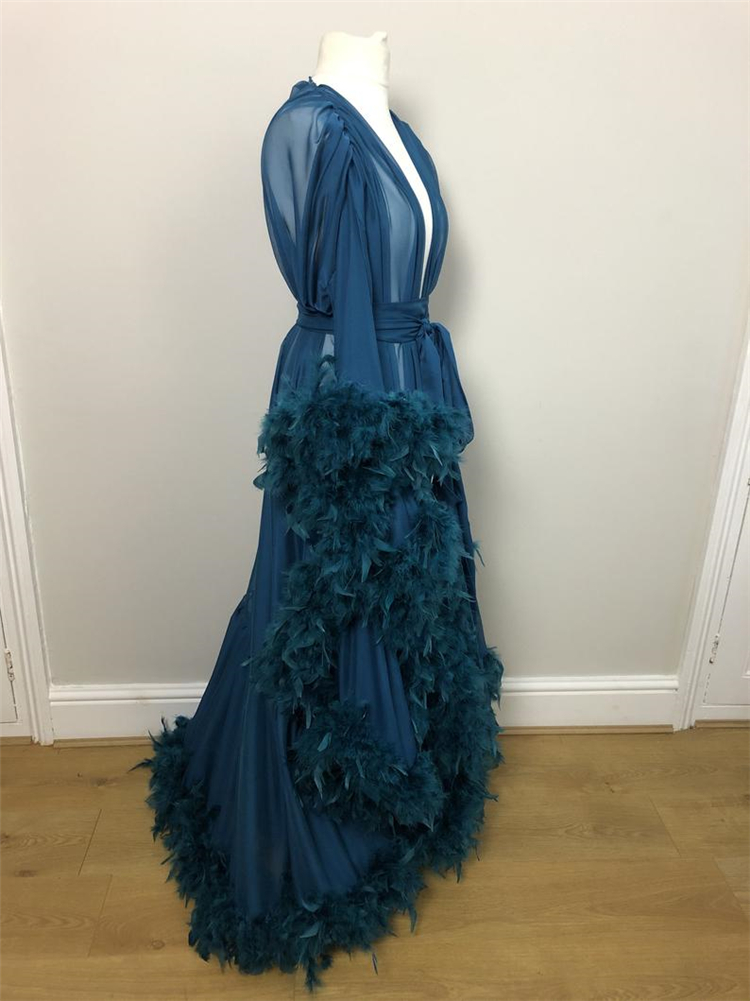 Navy Blue Ruffles Women Winter Luxury Feather Kimono Pregnant Party Sleepwear Full Sleeves Maternity Photoshoot Dress For baby Shower