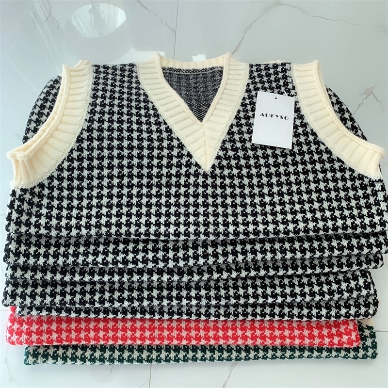 Angora Wool Knit Vest Sweater Women Winter Korean Vintage Houndstooth Geometric Plaid V Neck Sleeveless Pullover Jumper Top 200918