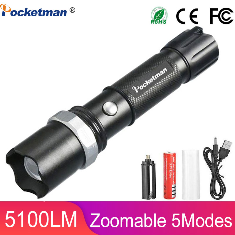 

Flashlights Torches LED Tactical 5100 Lumens XM-L T6 Zoomable Lanterna Torch For 18650 Rechargeable Battery Or