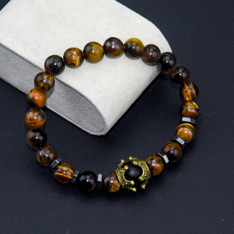 Charm Bracelet for Men Fashion Antique crown High quality Tiger eye stone bead Bracelets Jewelry Male