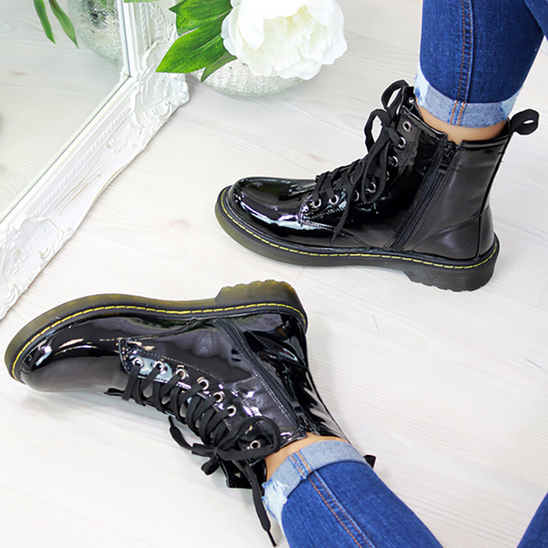 Women Motorcycle Boots Autumn Fashion Patent PU Round Toe Lace-up Combat Shoes women shoes Ladies Snow Office Boots dropshipping 200916