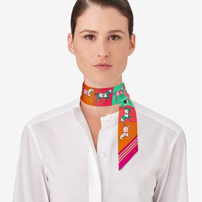 Horse Pattern New Arrival Print Lady Silk Feeling Riband Scarves Bags Scarf Small Ribbon Hair Band Bandeaus Clothing Match T200910