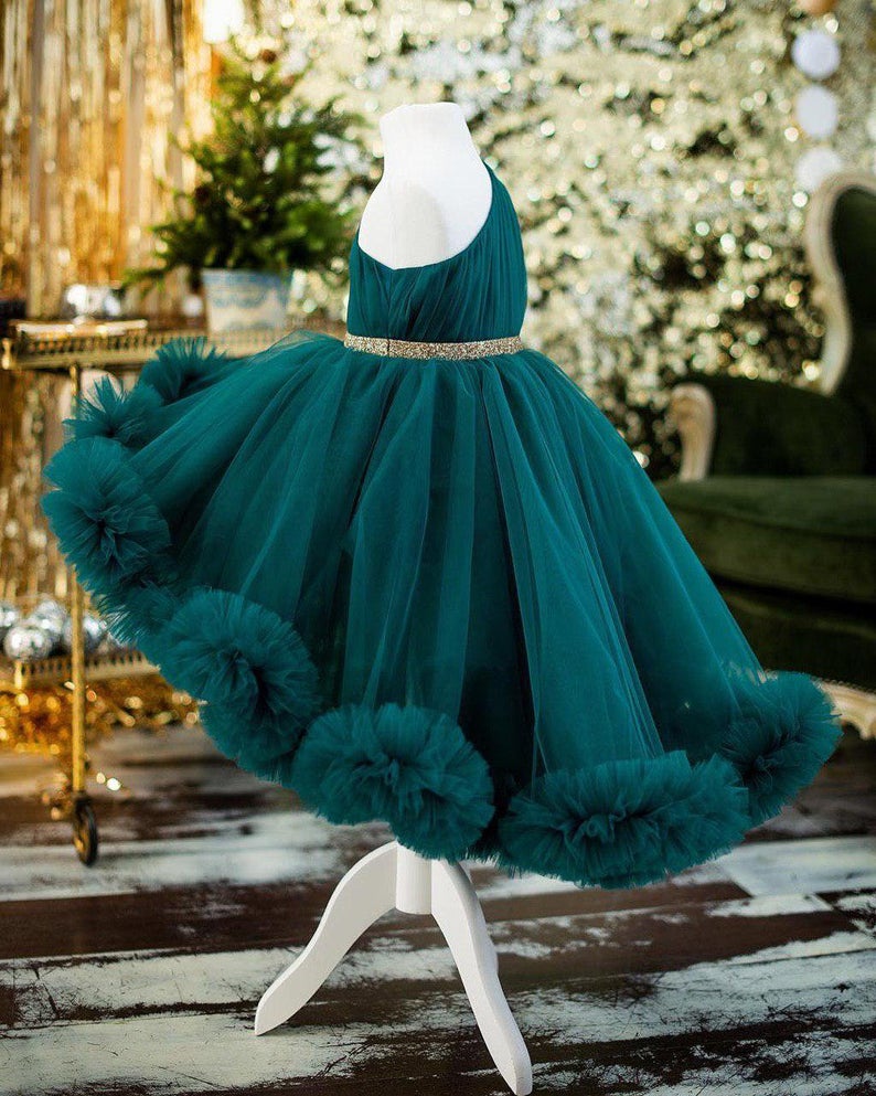 Hi-lo Hunter Green Girl's Pageant Dresses Ruffle One Shoulder Girls Birthday Party Gowns Custom Made Pleats Flower Girl Dress