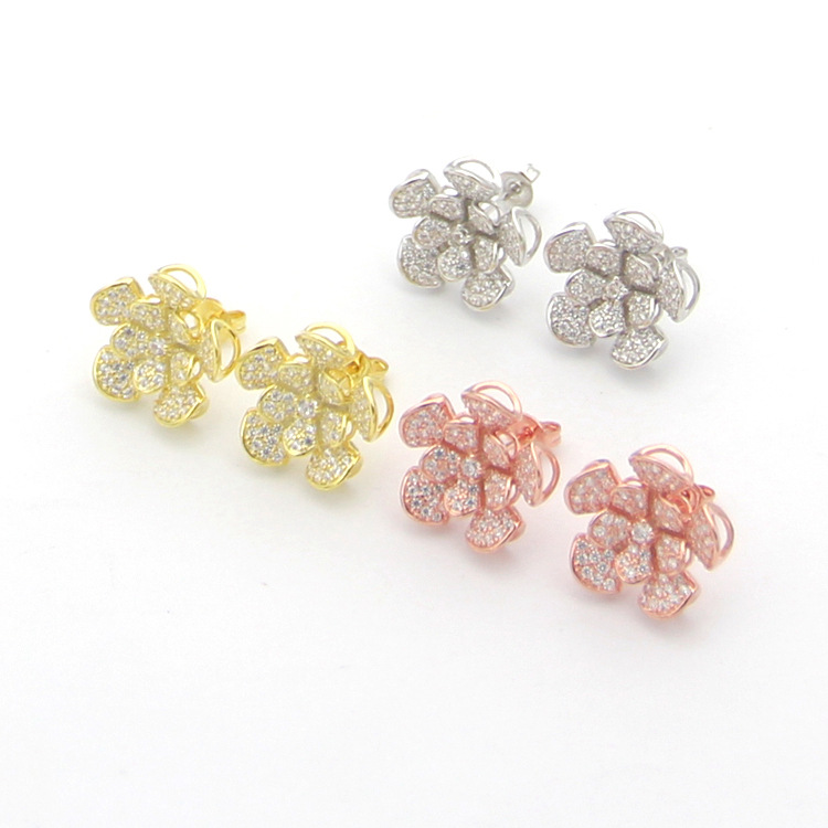 Europe America Style Lady Women Titanium Steel Engraved B Initials Full Diamond Flower Stud Earrings 3 Color