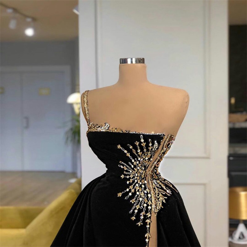 sexy highsplit evening dresses spaghetti sleeveless crystal appliqued mermaid formal dress sweep train custom made cheap velvet prom dress