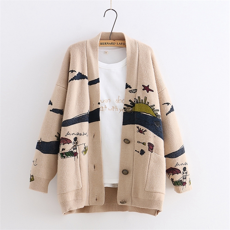 YoYiKamomo Spring Woman Knitting New Japanese Mori Girl V-neck Jacquard Cardigan Sweater Winter Y200819
