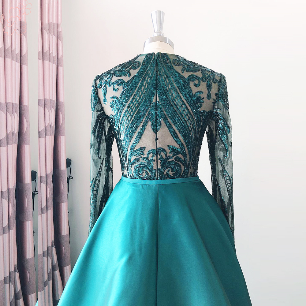 2021 Arabic Dubai Mermaid Formal Evening Dresses With Detachable Train Appliques Glitter Sequins Women Elegant Long Sleeves Prom Party Gowns