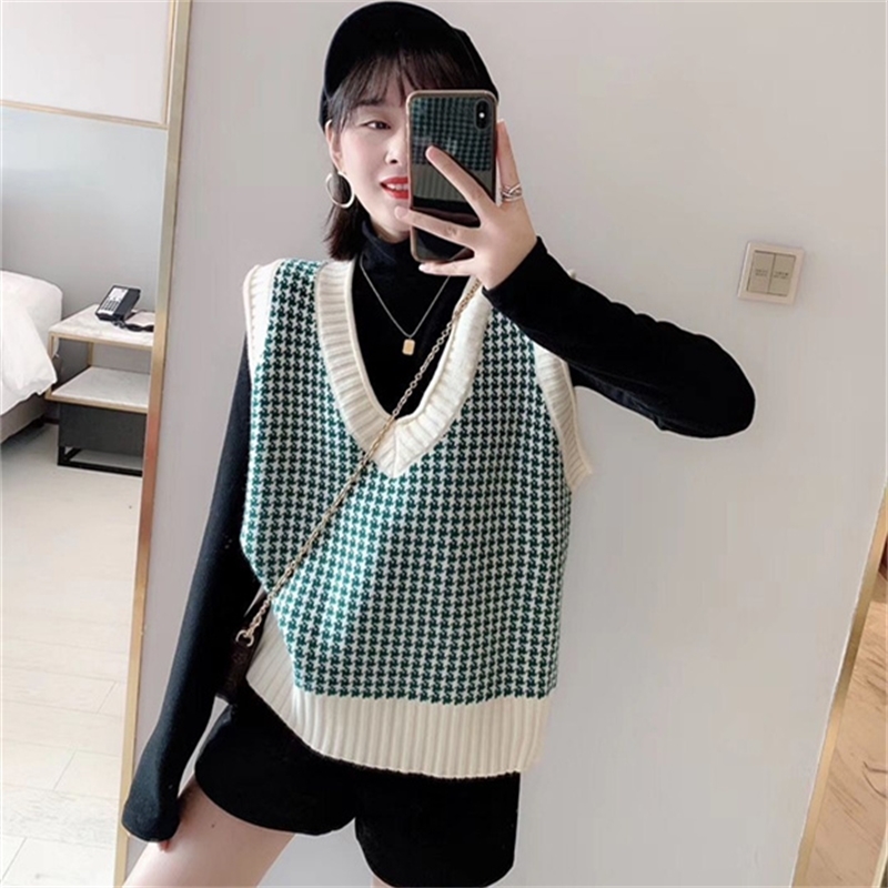 Angora Wool Knit Vest Sweater Women Winter Korean Vintage Houndstooth Geometric Plaid V Neck Sleeveless Pullover Jumper Top 200918