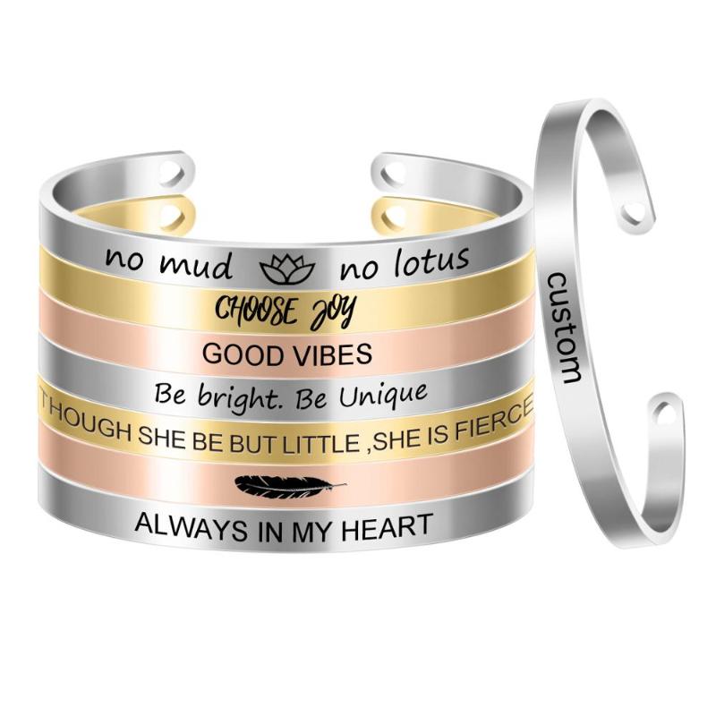 10pcs Custom Laser Carved Inspiring Bangles Bracelets In 3 Colors Stainless Steel Cuff Bracelets & Bangles Jewelry For Women
10pcs Custom Laser Carved Inspiring Bangles Bracelets In 3 Colors Stainless Steel Cuff Bracelets & Bangles Jewelry For Women
