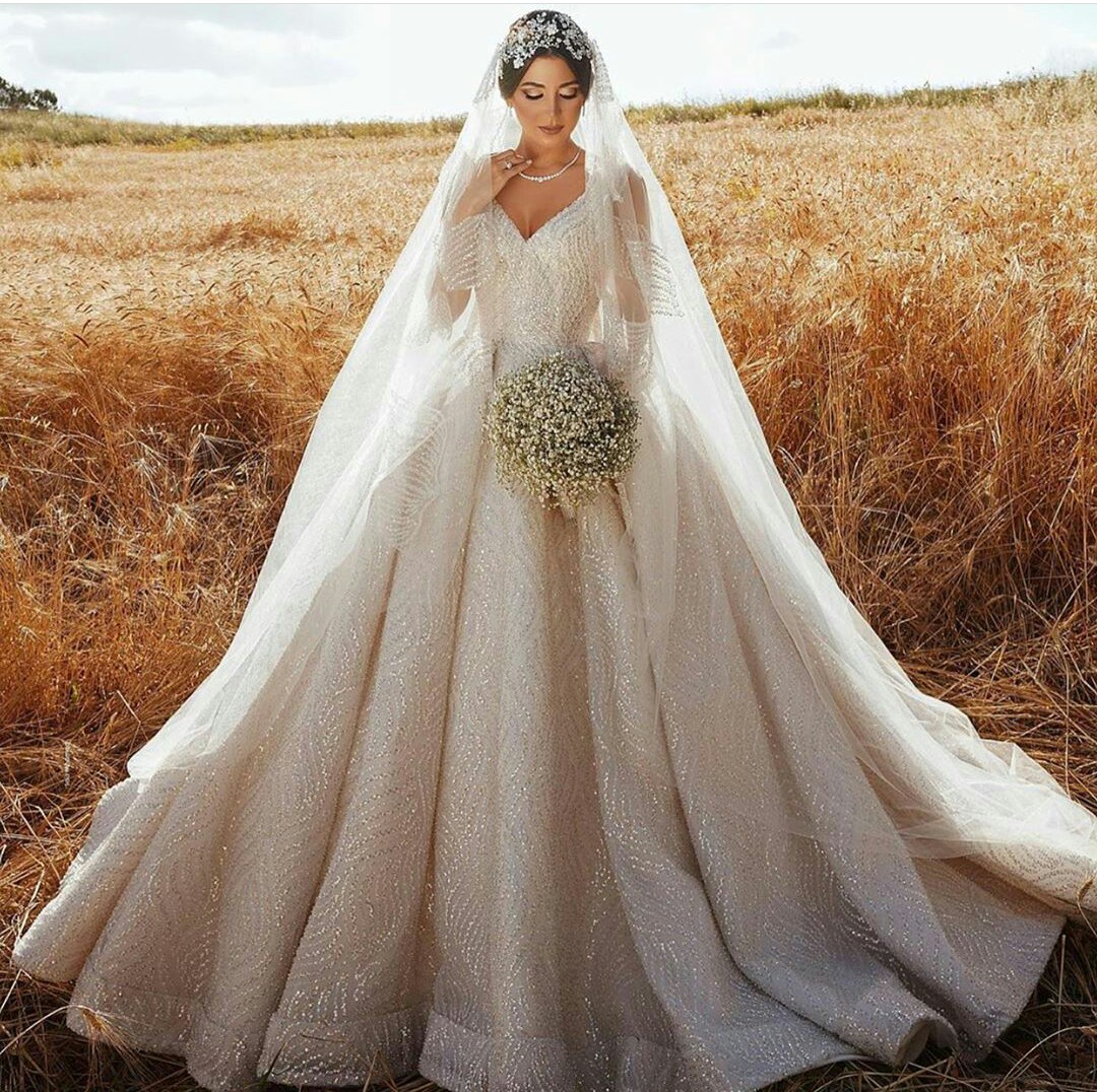 V Neck Wedding Dresses A Line Sequins Beaded Wedding Dress Custom Made Sweep Train Vestidos De Novia