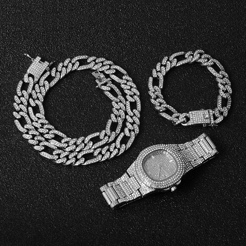 Chains Full Necklace +Watch+Bracelet Hip Hop Miami Curb Cuban Chain Gold Iced Out Paved Rhinestones CZ Bling For Men Jewelry1