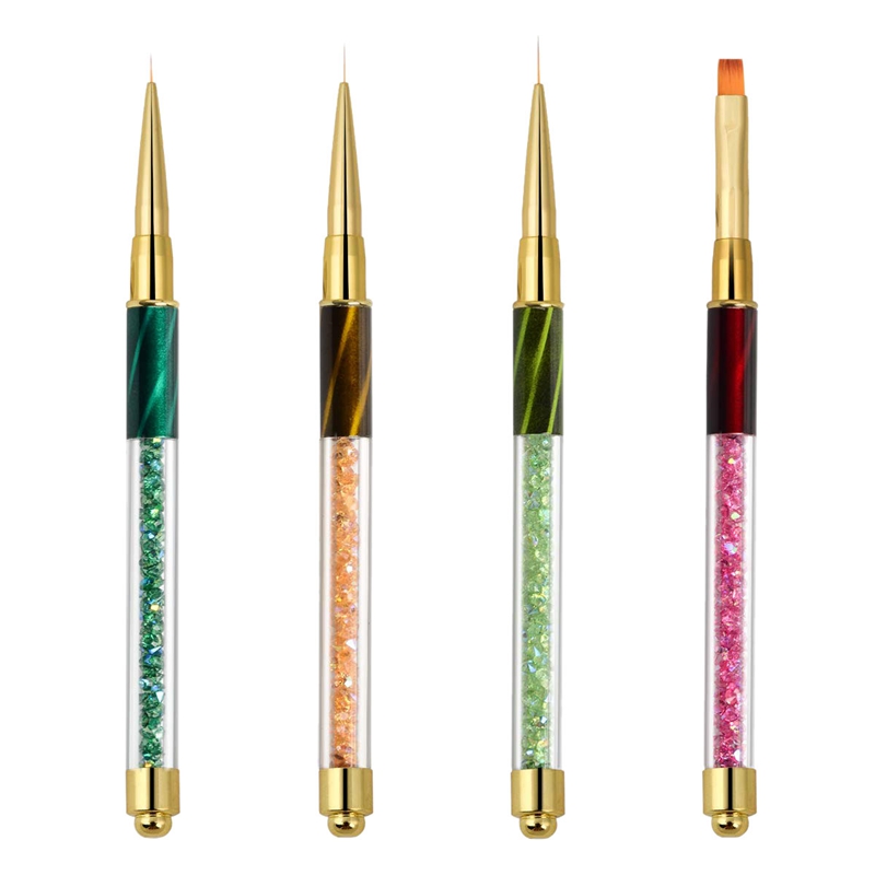 Nail Art Brushes, Nail Design Brushes,3Pcs Liner Brush 5/9/11Mm,1Pcs Flat Brush,Brush Handle with Diamond