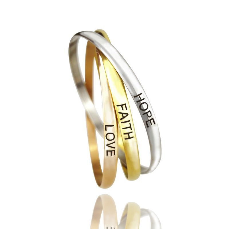 3Pcs/lot New FAITH HOPE LOVE Stainless Steel Bangle Engraved Positive Inspirational Quote Cuff Mantra Bangles Bracelets Jewelry
3Pcs/lot New FAITH HOPE LOVE Stainless Steel Bangle Engraved Positive Inspirational Quote Cuff Mantra Bangles Bracelets Jewelry