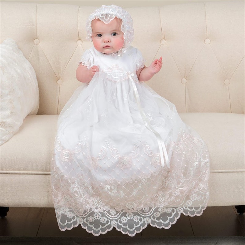 Cute First Communication Dresses With Hats Christening Dresses For Baby Girls Half Sleeve Lace Appliques Long Baptism Dress Custom Made