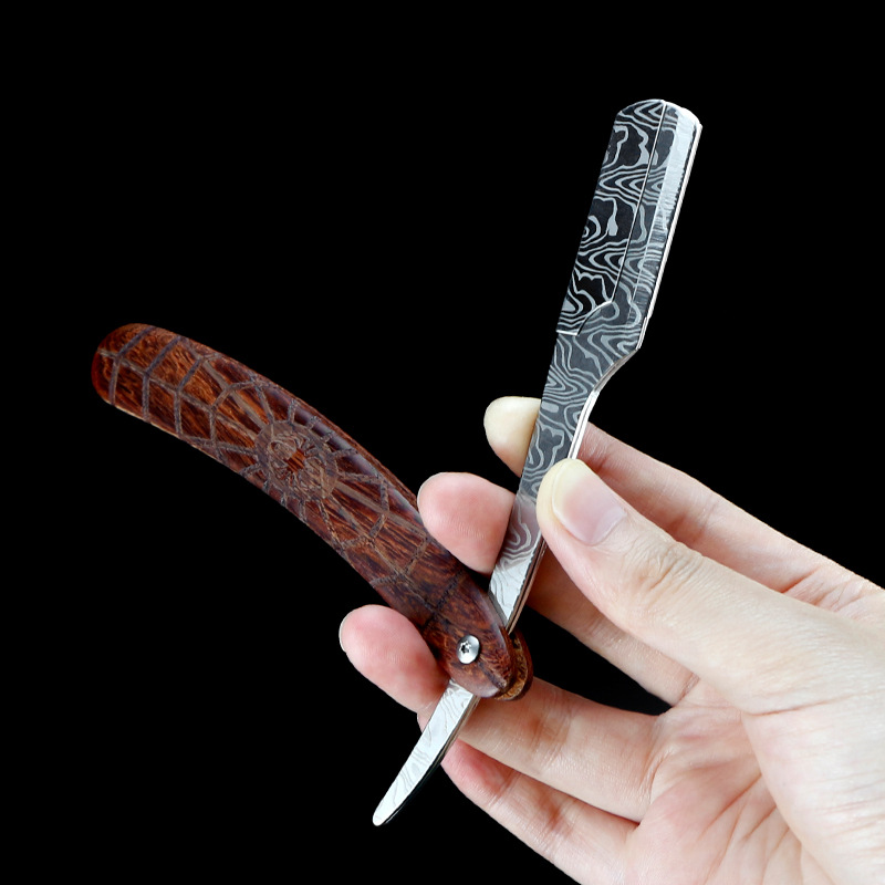 Damascus Pattern Stainless Steel Folding Razor Spider Rosewood Grain Handle Men's Facial Shaver Straight razor Holder G0722