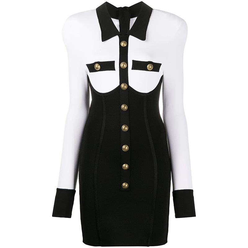 New Autumn Winter Women Runway Dresses Lapel Neck Long Sleeve Black White Panelled Lion Head Button Knitted Dress Sexy Sheath Slim Dress H30
New Autumn Winter Women Runway Dresses Lapel Neck Long Sleeve Black White Panelled Lion Head Button Knitted Dress Sexy Sheath Slim Dress H30