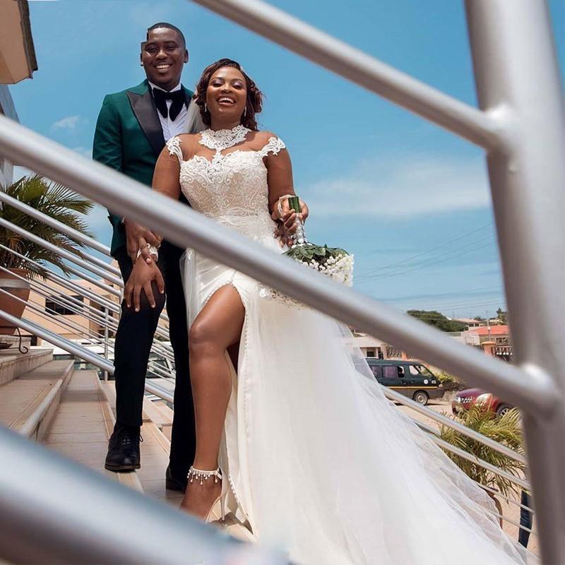 Elegant Black Girls Wedding Dresses Plus Size Long Sleeve Overskirt Mermaid Bridal Gowns Side Slit Lace Wedding Dress robes de mariée