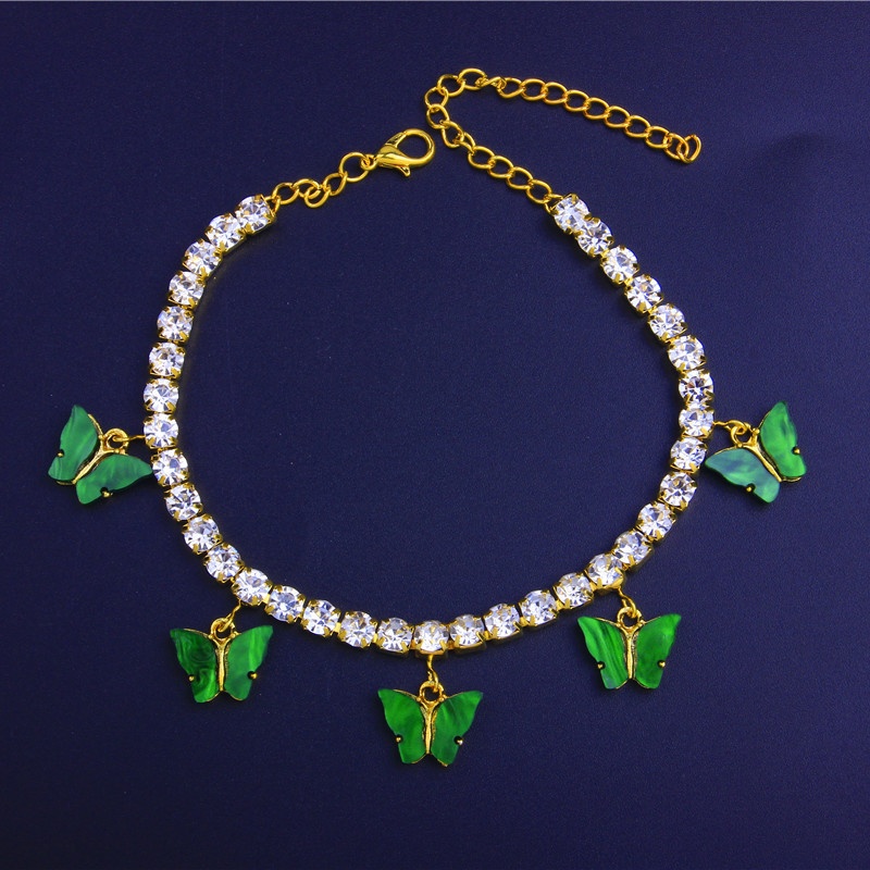 Acrylic Butterfly Women Anklets Iced Out Tennis Chain Leg Bracelet Rhinestone Silver Gold Animal Pendant Charms Fashion Beach Feet Jewelry