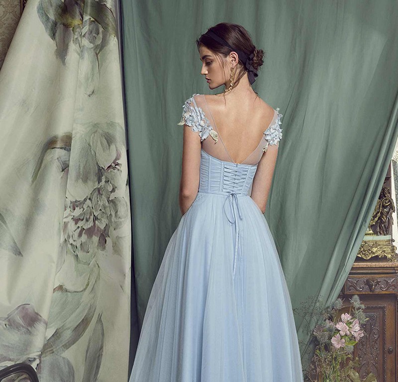 Sky Blue A line Evening Dress Short 2020 Evening Dress Lace-up Back Prom Gown Robe De Soiree Lace Appliques Formal Dress Party