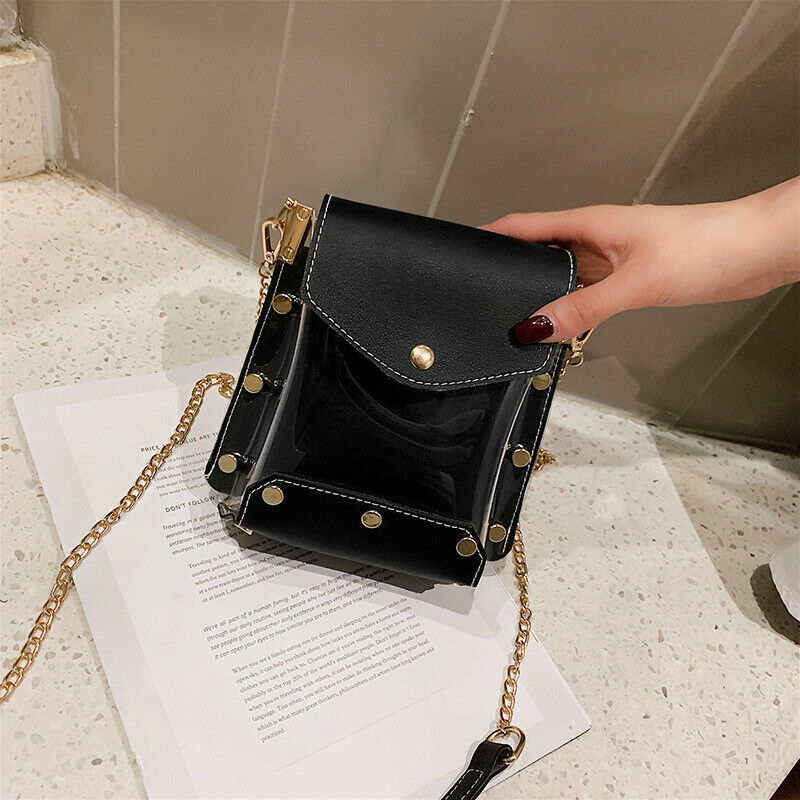 Fashion women's Messenger bag rivet jelly PU transparent shoulder bag new mini handbag, Black
Fashion women's Messenger bag rivet jelly PU transparent shoulder bag new mini handbag, Black