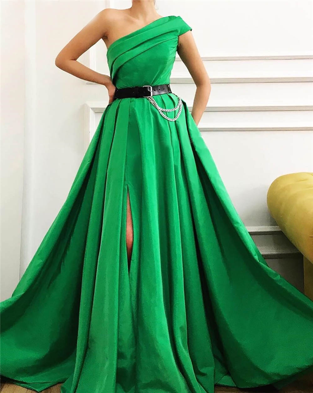 New Simply Satin A-Line Long Evening Dress Pleat Split One Shoulder Floor Length Evening Dresses Formal Party Gowns