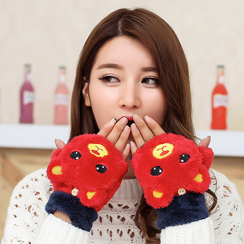 Womens Cute Cartoon Bear Keep Warm Half Finger Gloves Flip Cover for Winter Ladies -MX8
