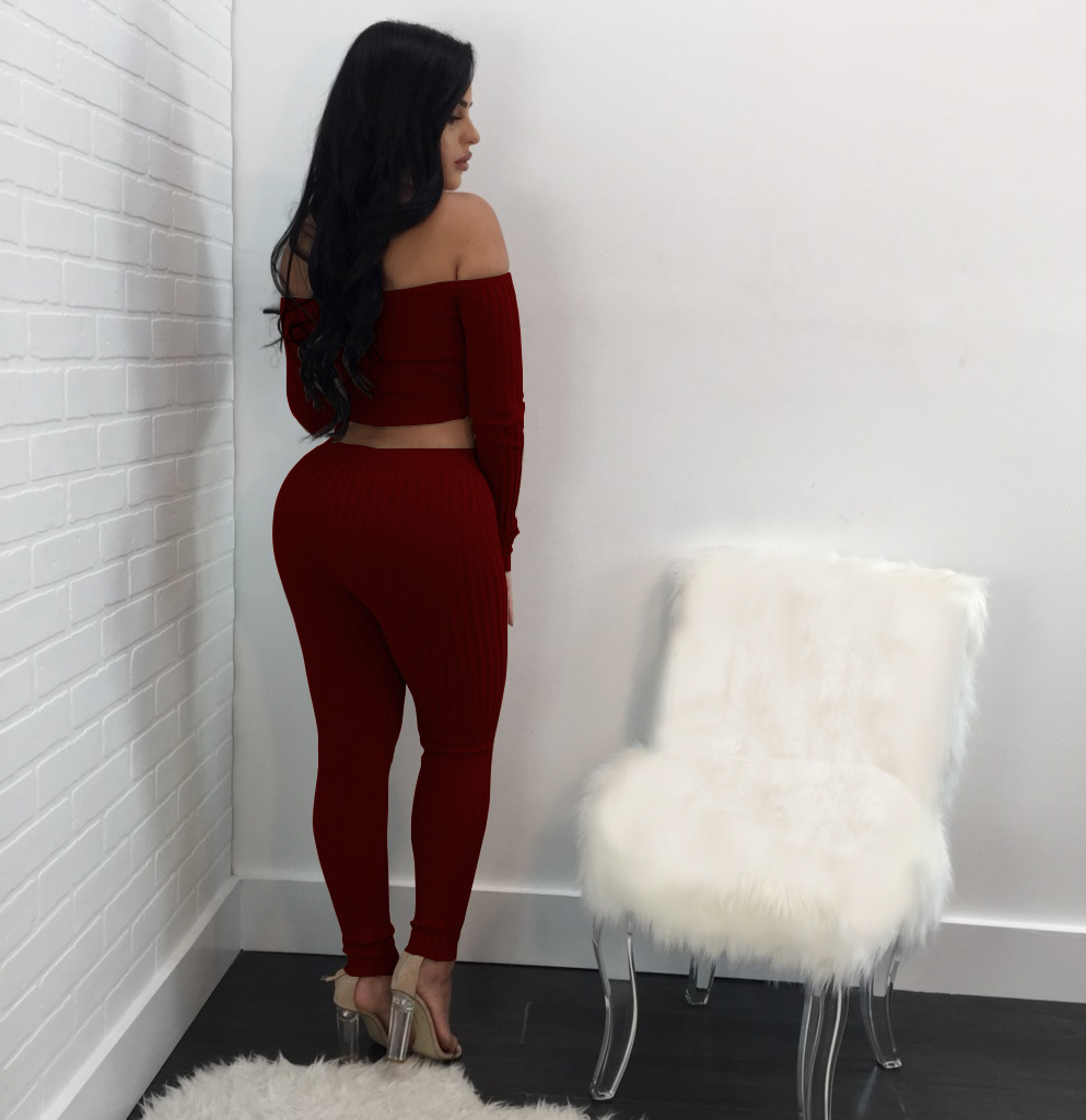 Women long sleeve crop top full pants 2 piece set for female women off shoulder two pieces sets women two piece set S M L XL XXL 200923