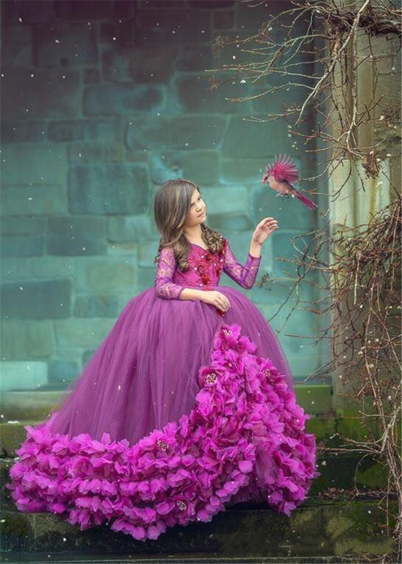 Fuchsia Puffy Tulle Flower Girl Dresses Lace Handmade Flower V Neck Kids Pageant Dress Long Sleeve Girls Birthday Party Gowns