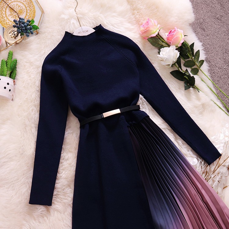 HISUMA autumn winter new women o-neck long sleeve knitted with chiffon pleated fairy dress female chic elegant sweater dresses T200911