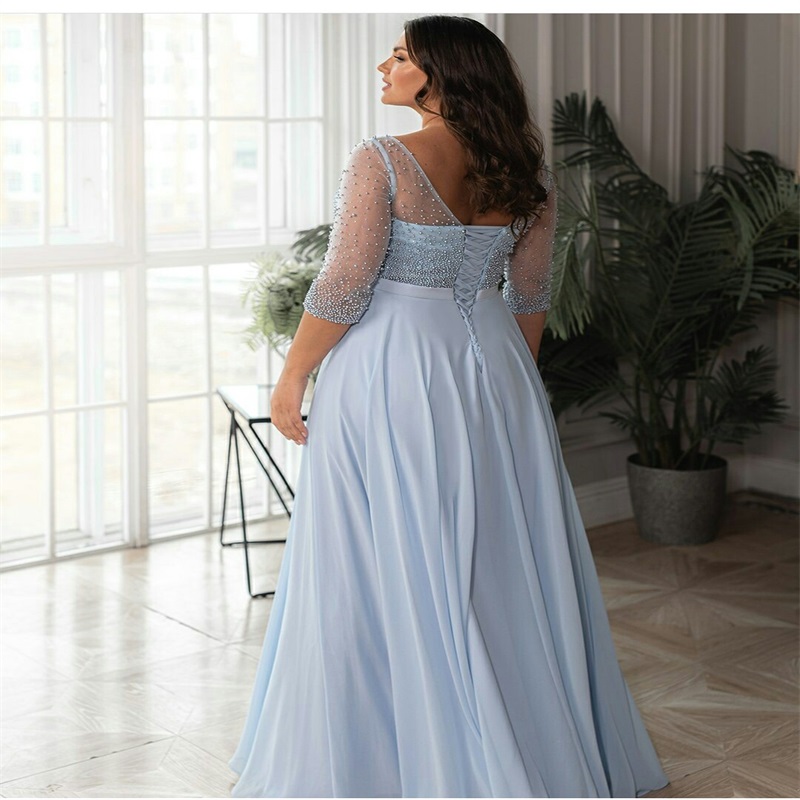 Plus Size Light Sky Blue Prom Dresses Sexy Backless Beads Evening Dress Plus Size Ruched Chiffon Custom Made Party Dress