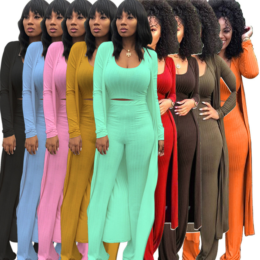 Autumn Winter 3 Piece Matching Set Women Tank Crop Top+Pencil Pant+Maxi Open Stitch Sweatsuits Casual Ribbed Three Piece Outfits T200917