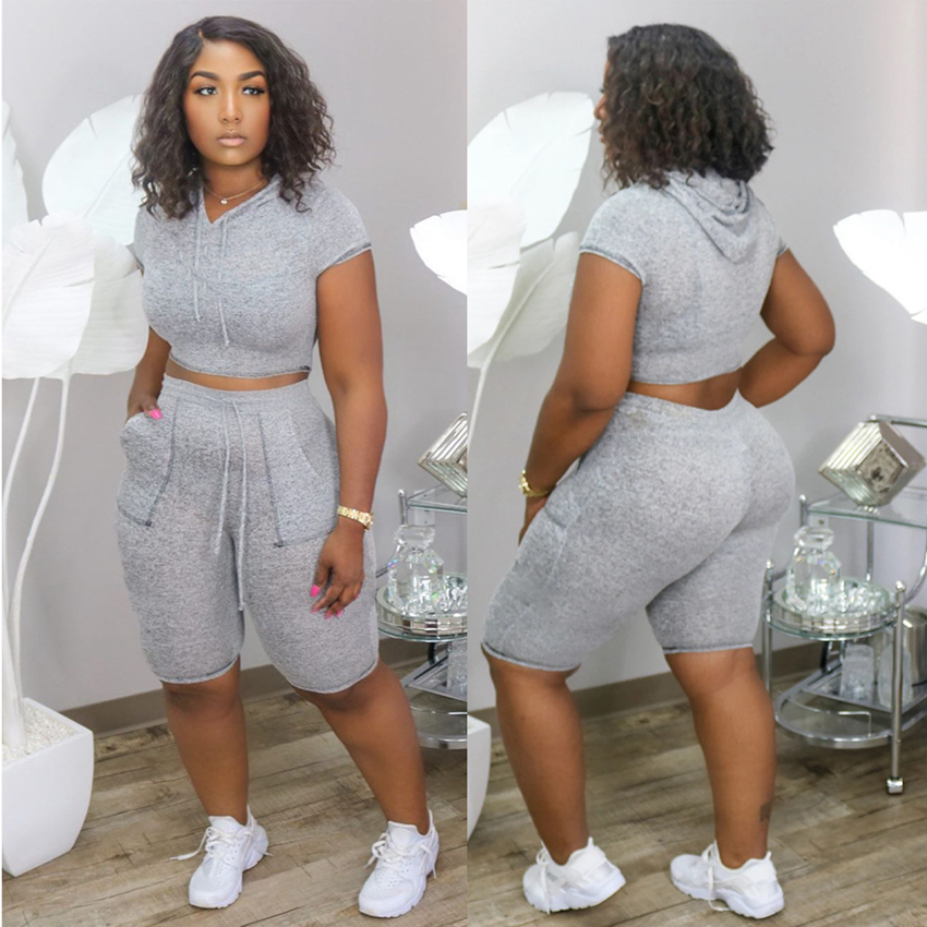 Trend Spot Tracksuits European and American Fashion Pure Color Hooded Casual Comfortable Short Sleeve Pocket Set