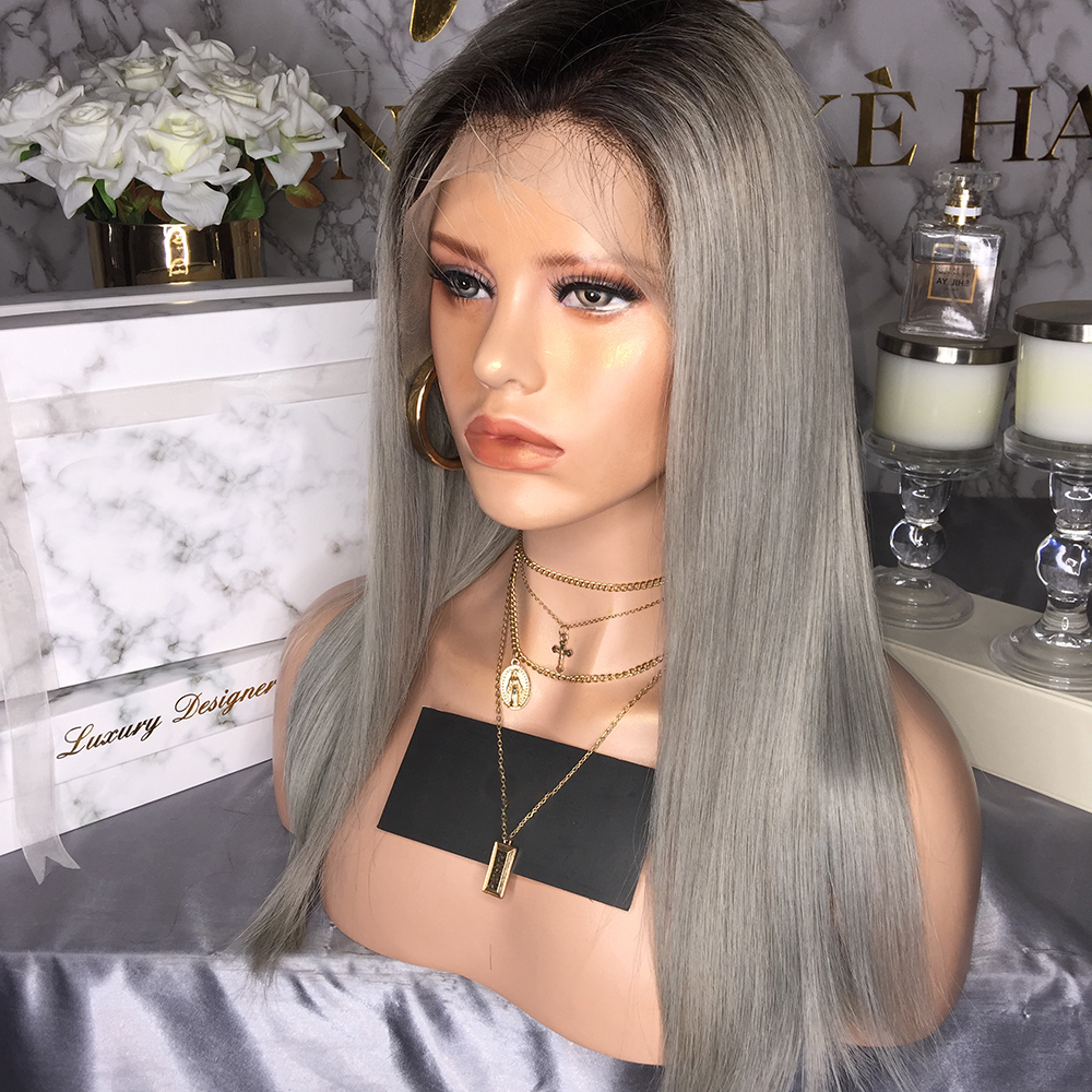 Free part soft natural synthetic Lace Front Wigs 13x4 lace frontal Bleached Knots 150% Density Ombre Grey Color wig