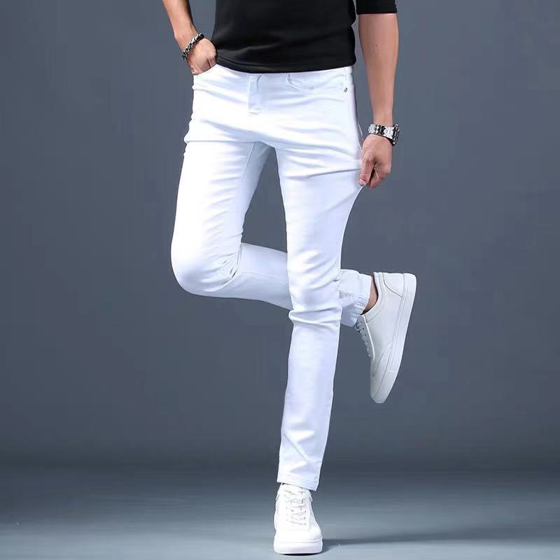 Mens Fashon White Jeans Skinny Denim In Full Length High Street Motorcycle Pants Free Shipping B4