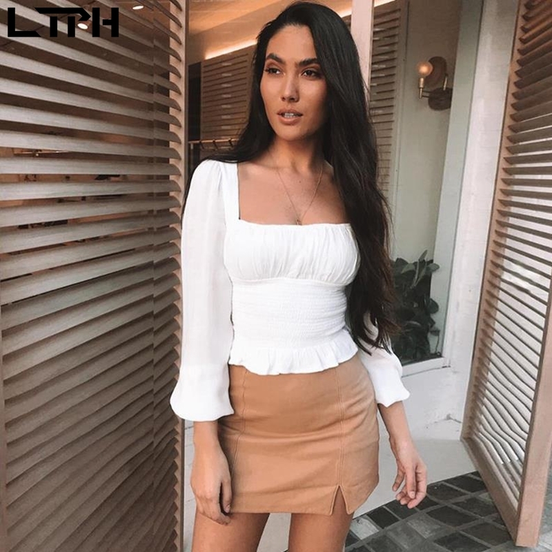 female summer new square collar shirt lantern sleeves long sleeves waist short chiffon white shirt womens tops and blouses