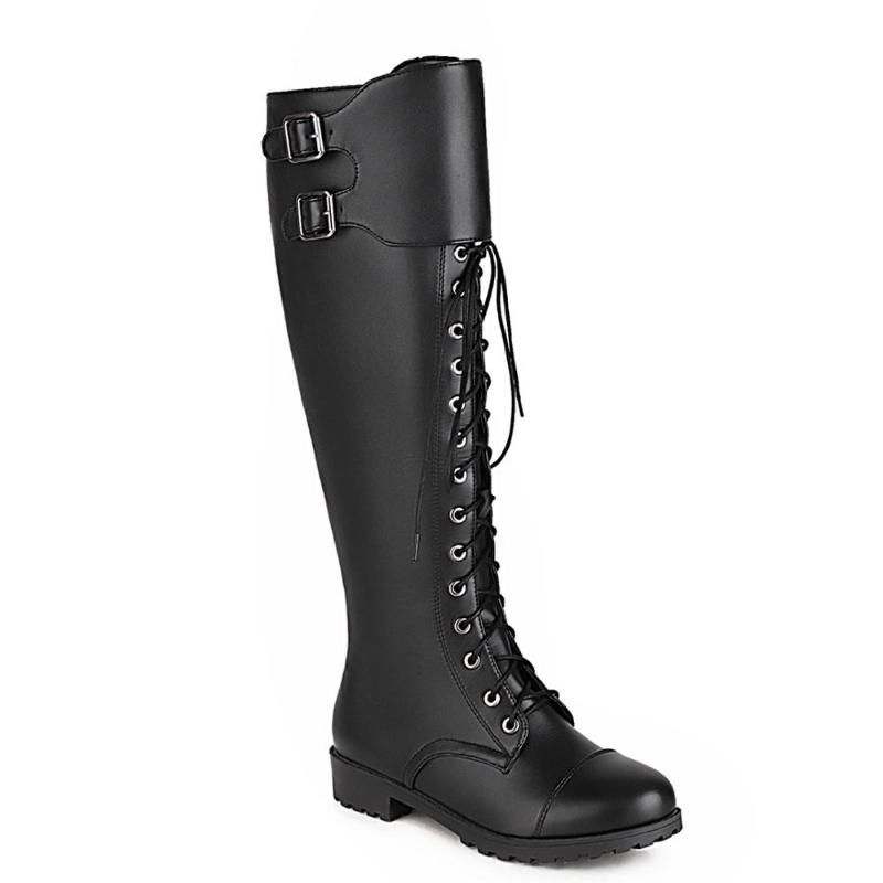 Round Toe Low-Heel Cross-Laced Double Belt Buckle Knee-Length Boots, Side Zipper PU Lace-Up Plush Motorcycle Boots, Black
Round Toe Low-Heel Cross-Laced Double Belt Buckle Knee-Length Boots, Side Zipper PU Lace-Up Plush Motorcycle Boots, Black