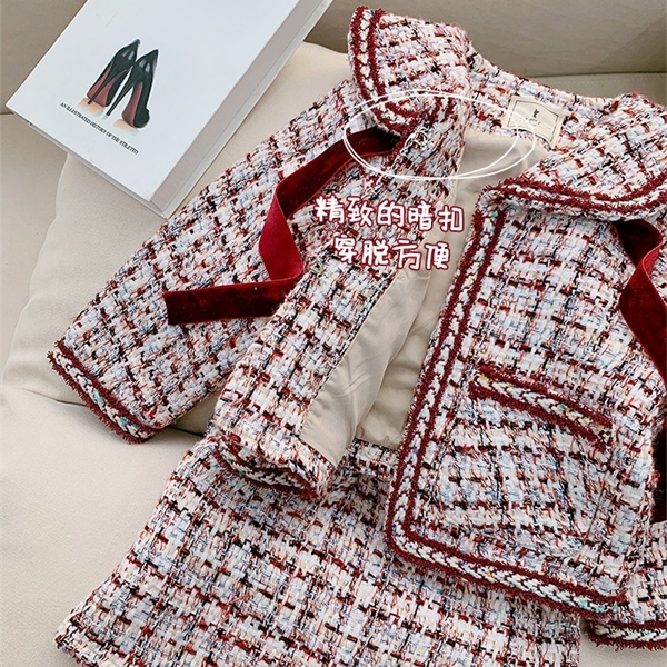 2020 Autumn New Arrival Girls Fashion Tweed 2 Pieces Suit Coat+skirt Kids Princess Sets with Bow