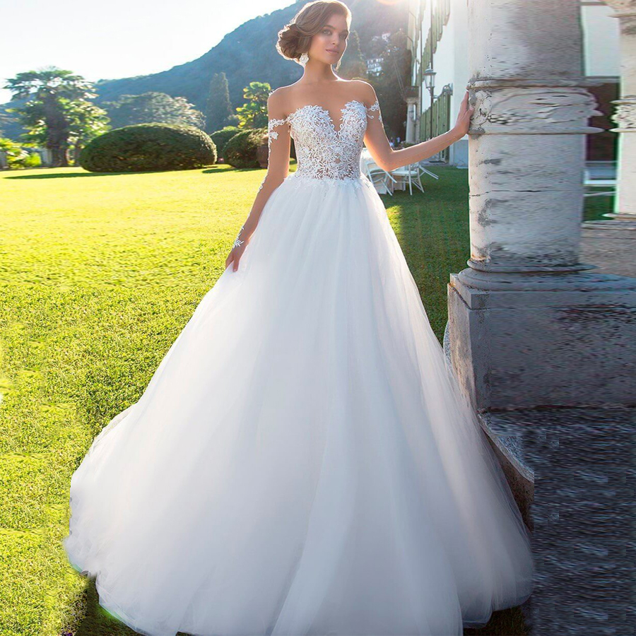 Sexy See-through Lace Wedding Dress Scoop Neck Long Sleeves Appliqued Vestido De Noiva Wedding Gown Backless Long Bride Dresses, White 
Sexy See-through Lace Wedding Dress Scoop Neck Long Sleeves Appliqued Vestido De Noiva Wedding Gown Backless Long Bride Dresses, White