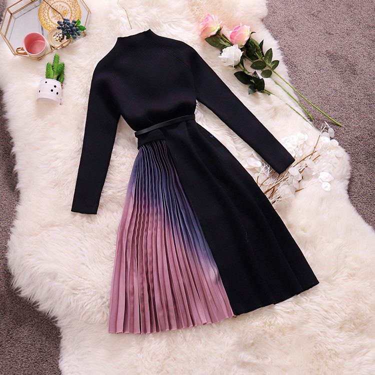 HISUMA autumn winter new women o-neck long sleeve knitted with chiffon pleated fairy dress female chic elegant sweater dresses T200911
