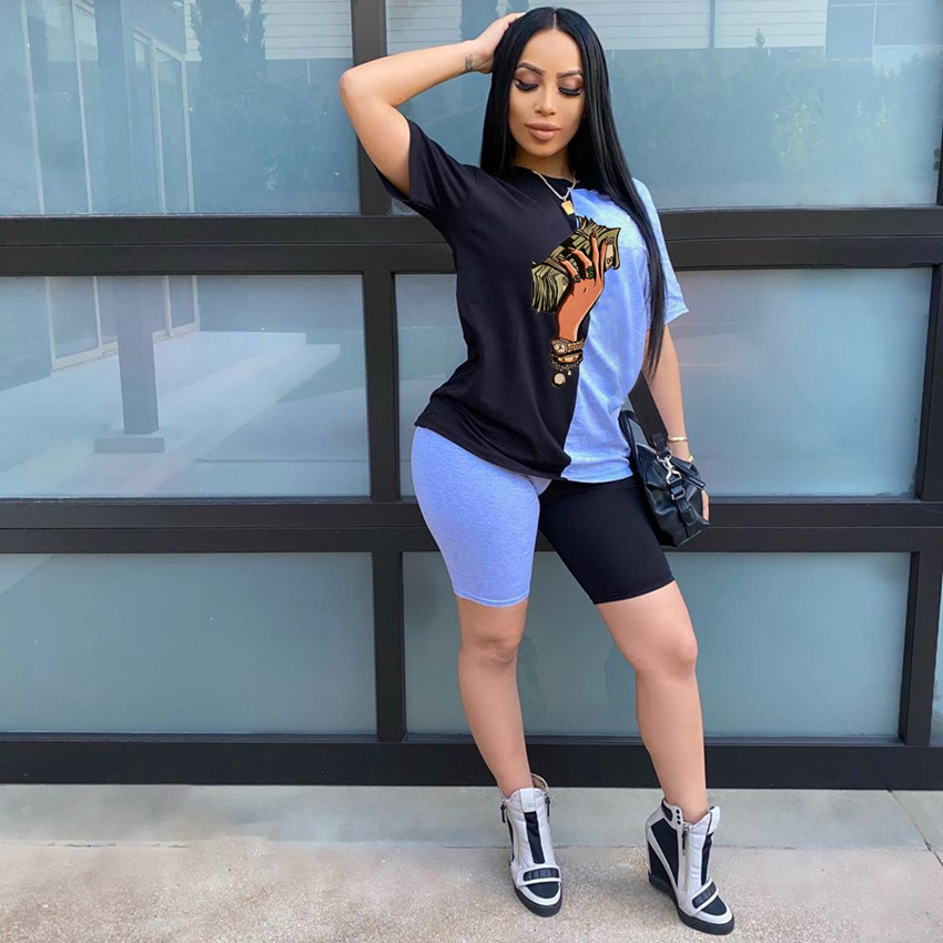 Spot Tracksuits European and American fashion women's clothing color matching dollar print round neck sexy two-piece suit