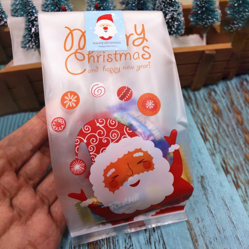 50 pcs Christmas Candy Bag Cartoon Santa Claus Plastic Cute Gift Packaging Bags Cookie Pouch for Restaurant Dessert Shop