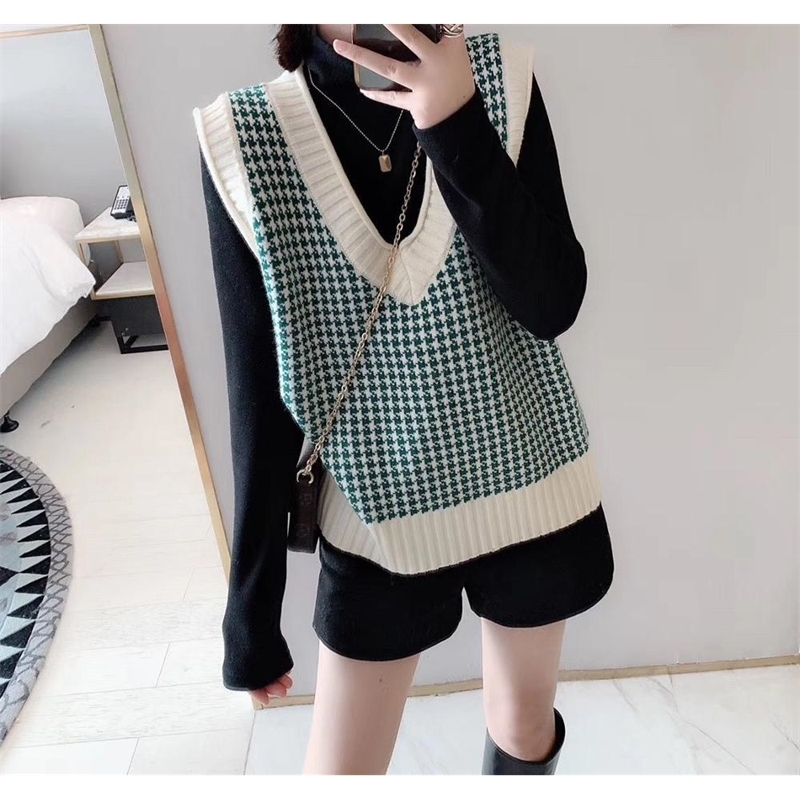 Angora Wool Knit Vest Sweater Women Winter Korean Vintage Houndstooth Geometric Plaid V Neck Sleeveless Pullover Jumper Top 200918