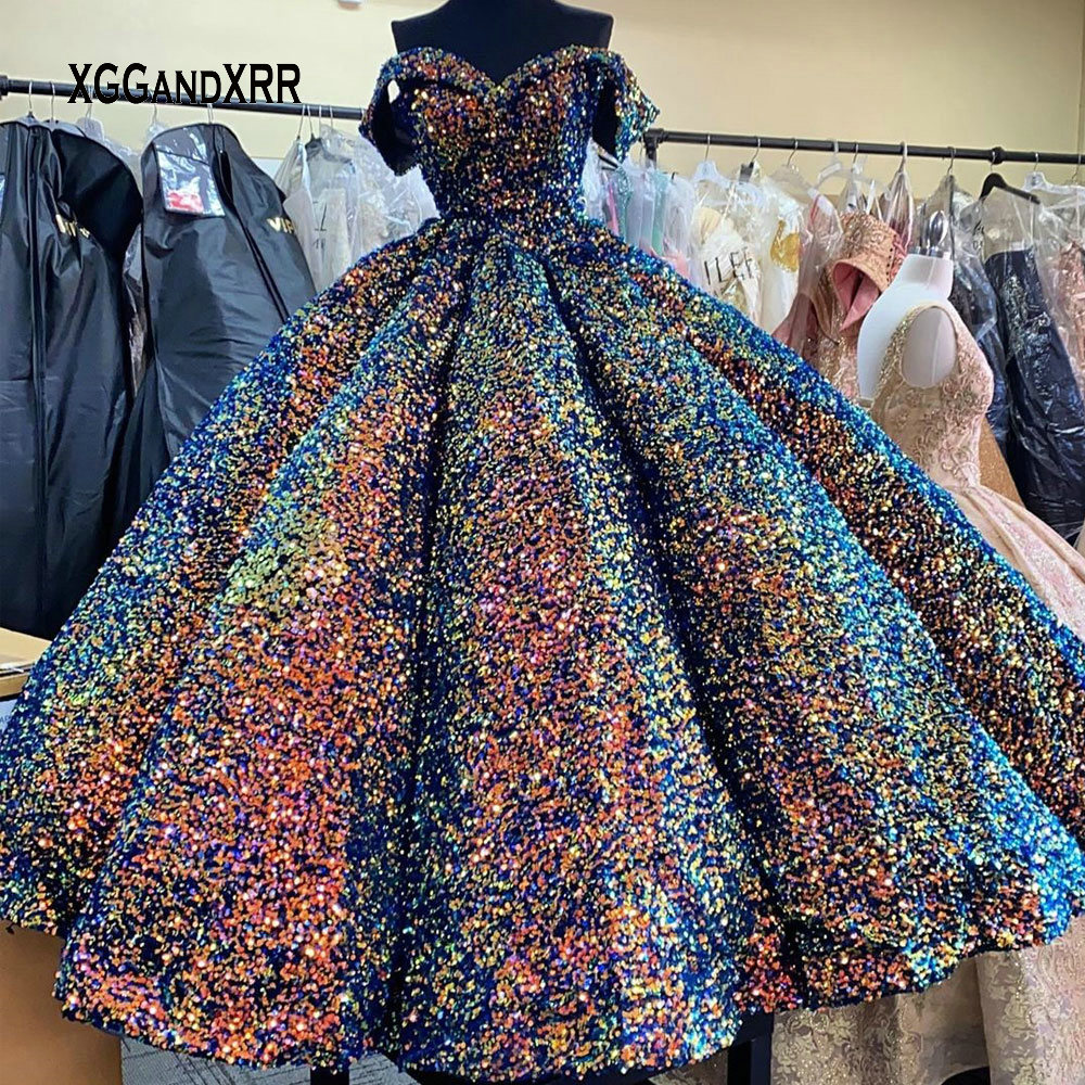 Sparkling Ball Gown Prom Dresses 2021 Candy Color Shiny Sequins Beaded off shoulder Arabic Dubai Evening Wear Dress Puffy Skirt