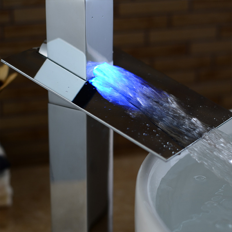 Bathroom Sink Faucets LED Basin Waterfall Faucet Chrome Finish 3 Colors Changing Light Mixer Water Tap LH-16819