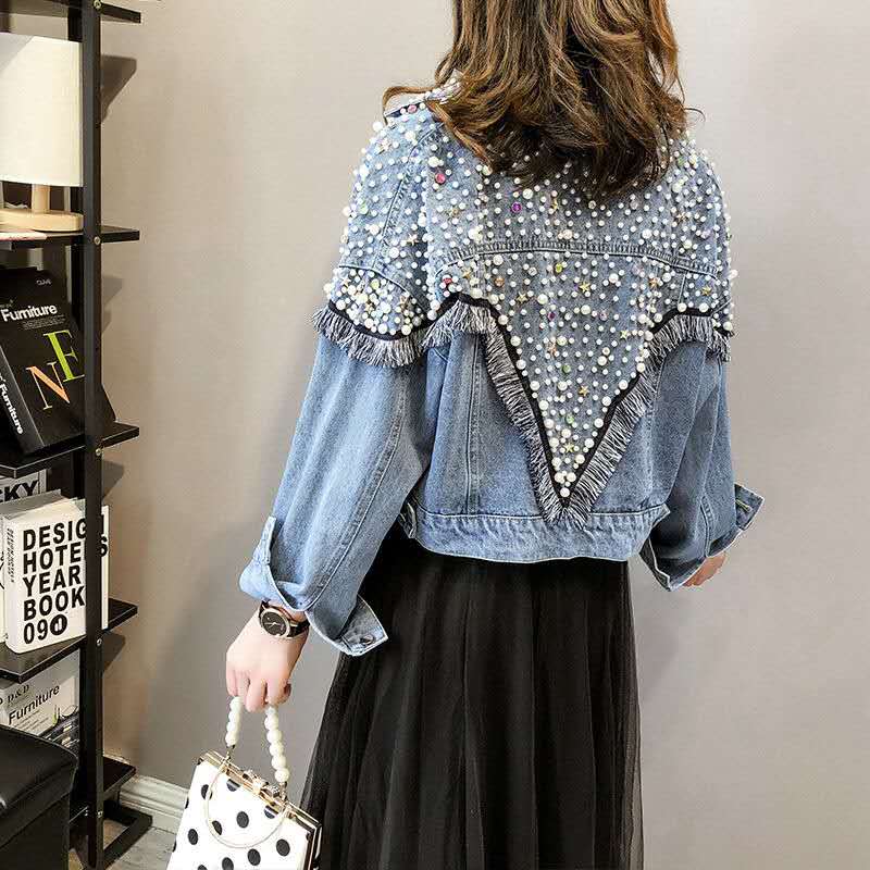 Fashionable spring new heavy industry beaded and diamond loose loose wild bat sleeve single breasted denim jacket, Black
Fashionable spring new heavy industry beaded and diamond loose loose wild bat sleeve single breasted denim jacket, Black
